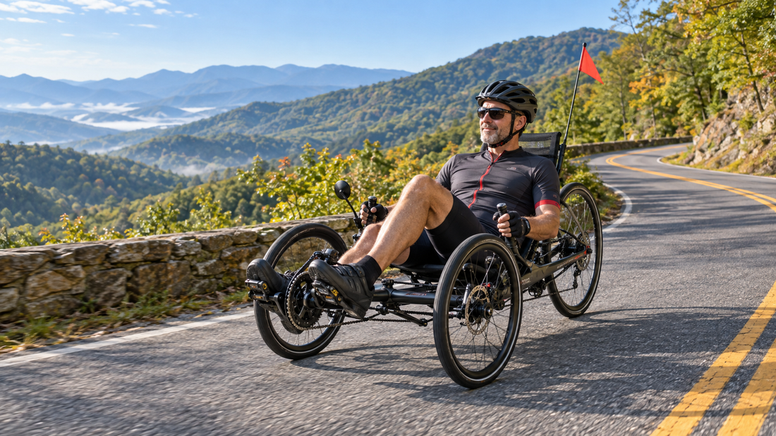 recumbent trike rider in the mountains of south carolina