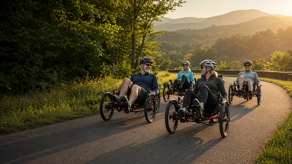 Four riders enjoying a road ride on Pickens Cycles recumbent trikes.