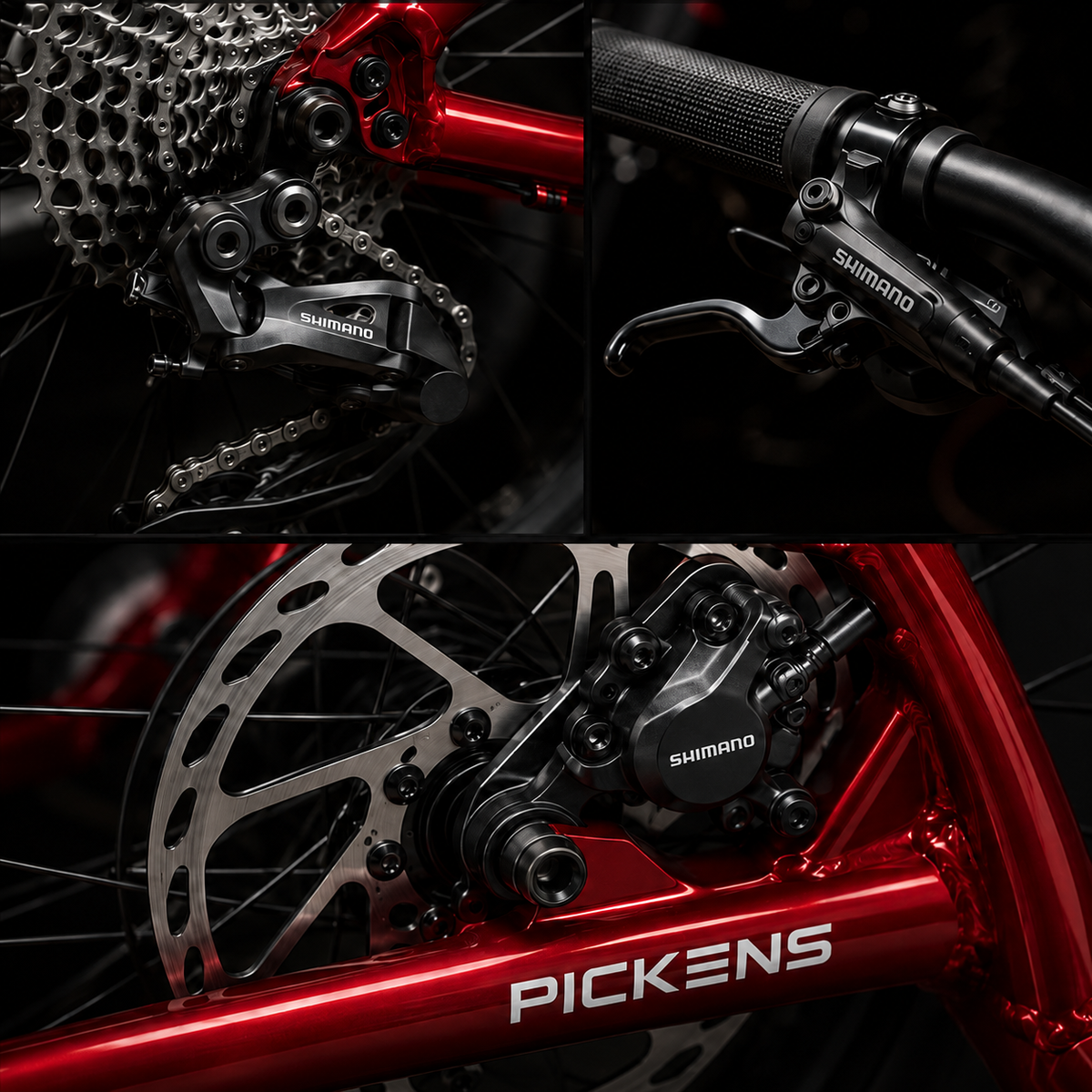 Shimano shifting and hydraulic braking components selected for Pickens trikes.