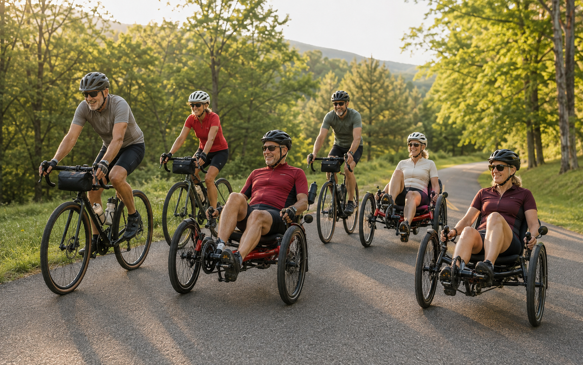Five cyclists, including three in recumbent trikes and two in standard bicycles, riding together on a sunlit paved road surrounded by lush green trees.