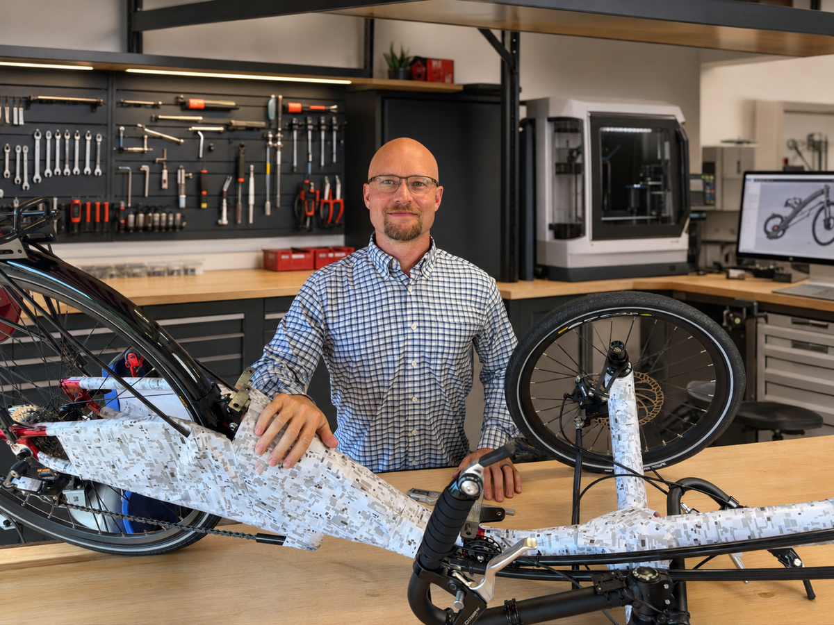 Ryan Pickens developing a Pickens Cycles trike prototype in Greenville.