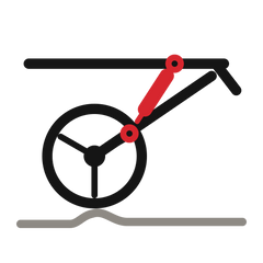 A stylized black line drawing of a trike wheel and frame with red joint accents, shown above a gray ground line on a white background.