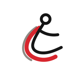 A minimalist abstract logo or icon on a plain white background, featuring a black circular head and curved black body lines over layered red and gray curved shapes.