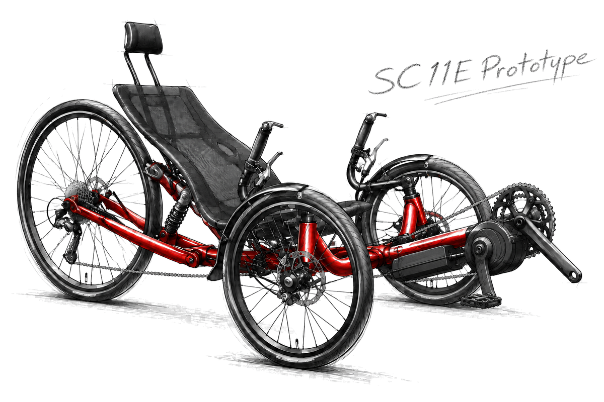 A hand-drawn technical sketch of a recumbent trike, labeled 'SC 11E Prototype' in script on a white background. The illustration highlights the red frame and black components including the seat, wheels, tires, and rear drivetrain.