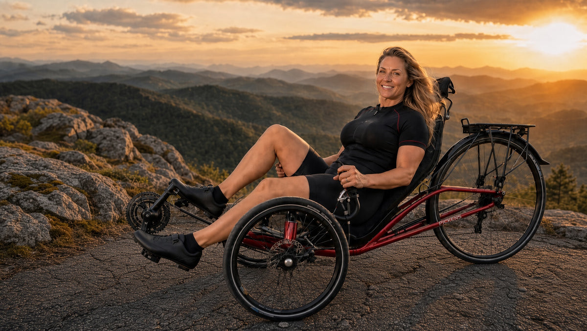 Woman seated on a red recumbent trike at a mountain overlook.