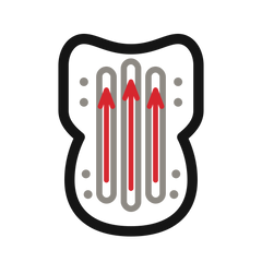 A stylized product graphic on a white background showing a black outlined shield-like shape with three vertical gray channels and three red upward arrows inside.