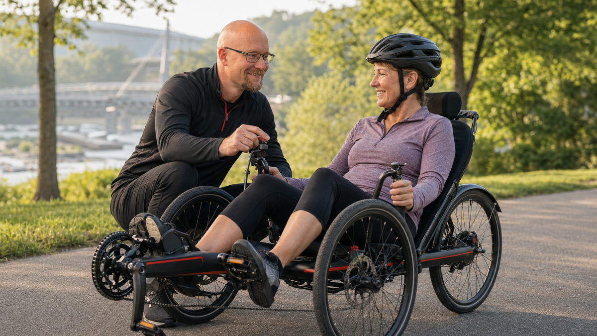 A man in a black cycling outfit crouches beside a woman wearing a black helmet and riding a black recumbent trike on a paved path outdoors with trees and a bridge in the background.