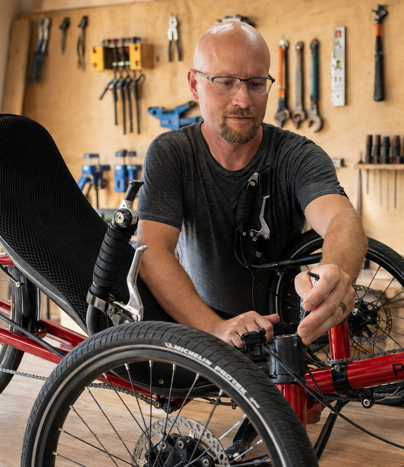 Ryan Pickens developing a Pickens Cycles trike prototype.