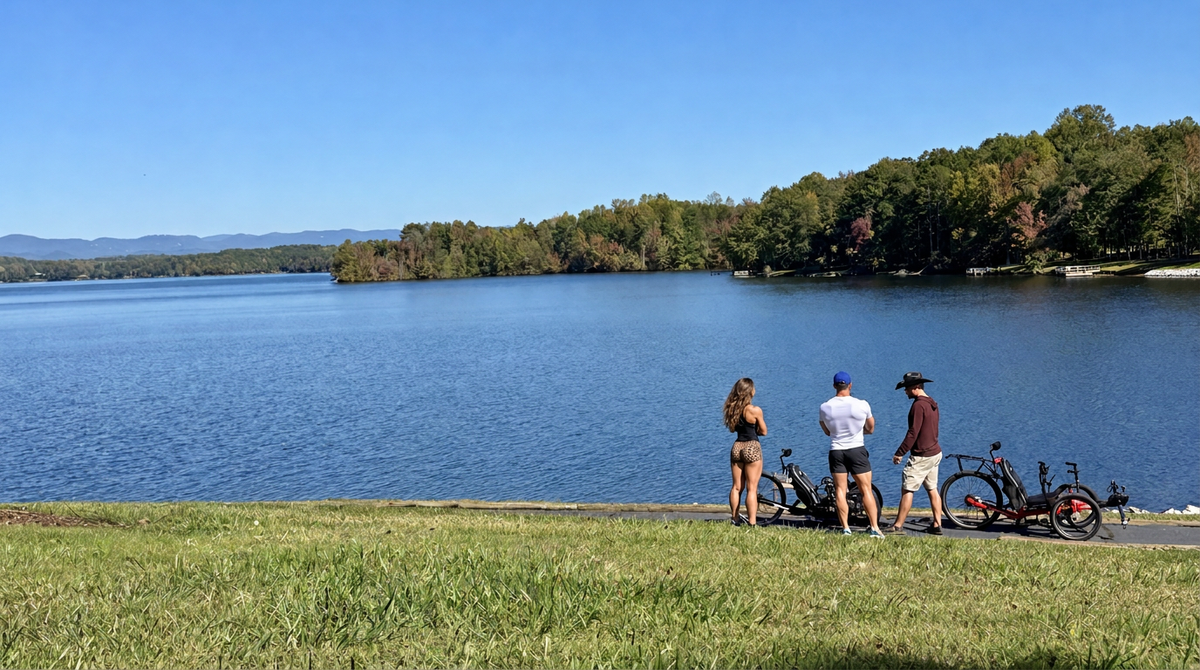 Three people standing on a grassy lakeside with tricycles under a clear blue sky, with a large blue lake and tree-lined shore in the background.