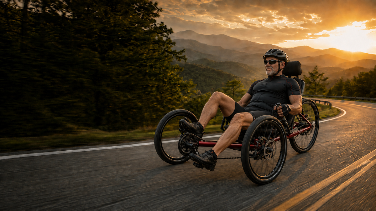 Rider on a recumbent trike traveling along a mountain road