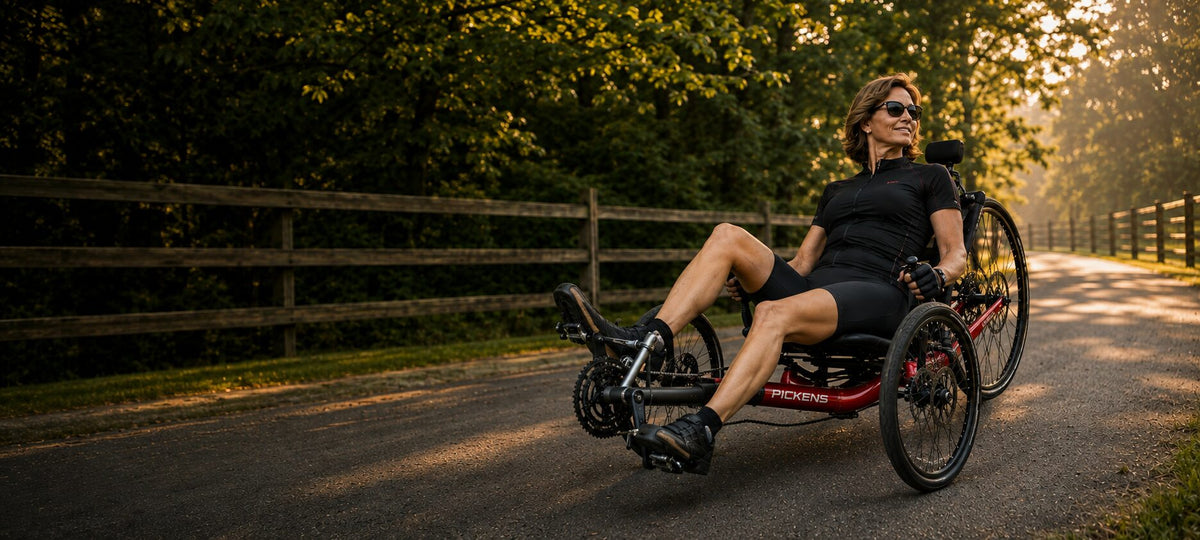 A rider smiling during a private Pickens Cycles trike demo.